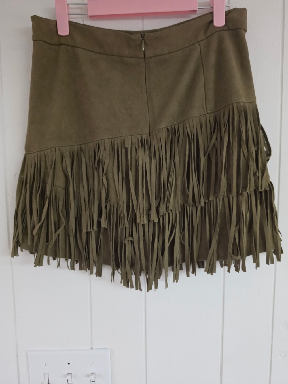 Altar'd State Olive Green Fringe Suede-Look Mini Skirt- Size L - Picture 2 of 5